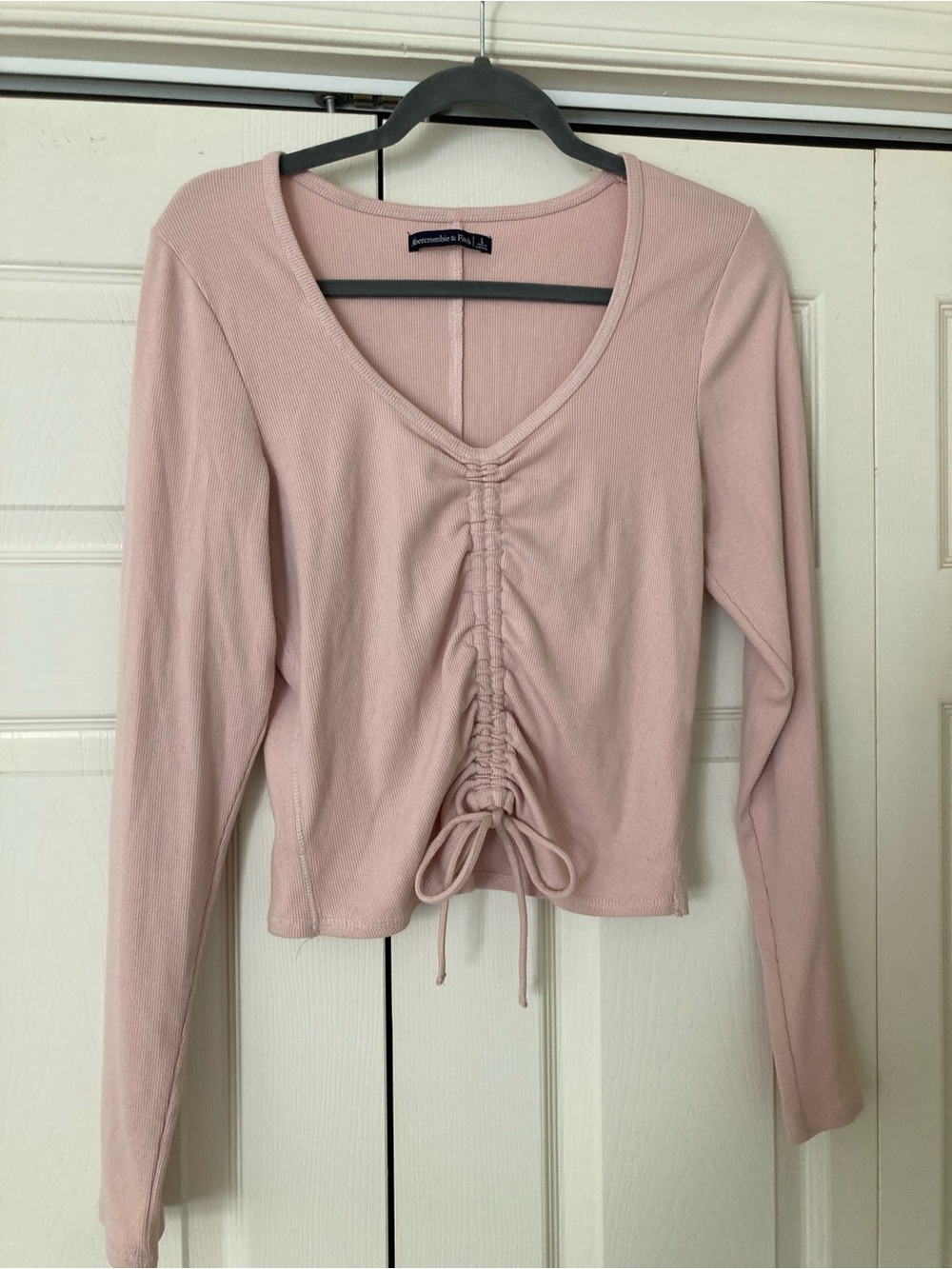 Abercrombie & Fitch Light Blush Pink Ruched Drawstring Long Sleeve Top